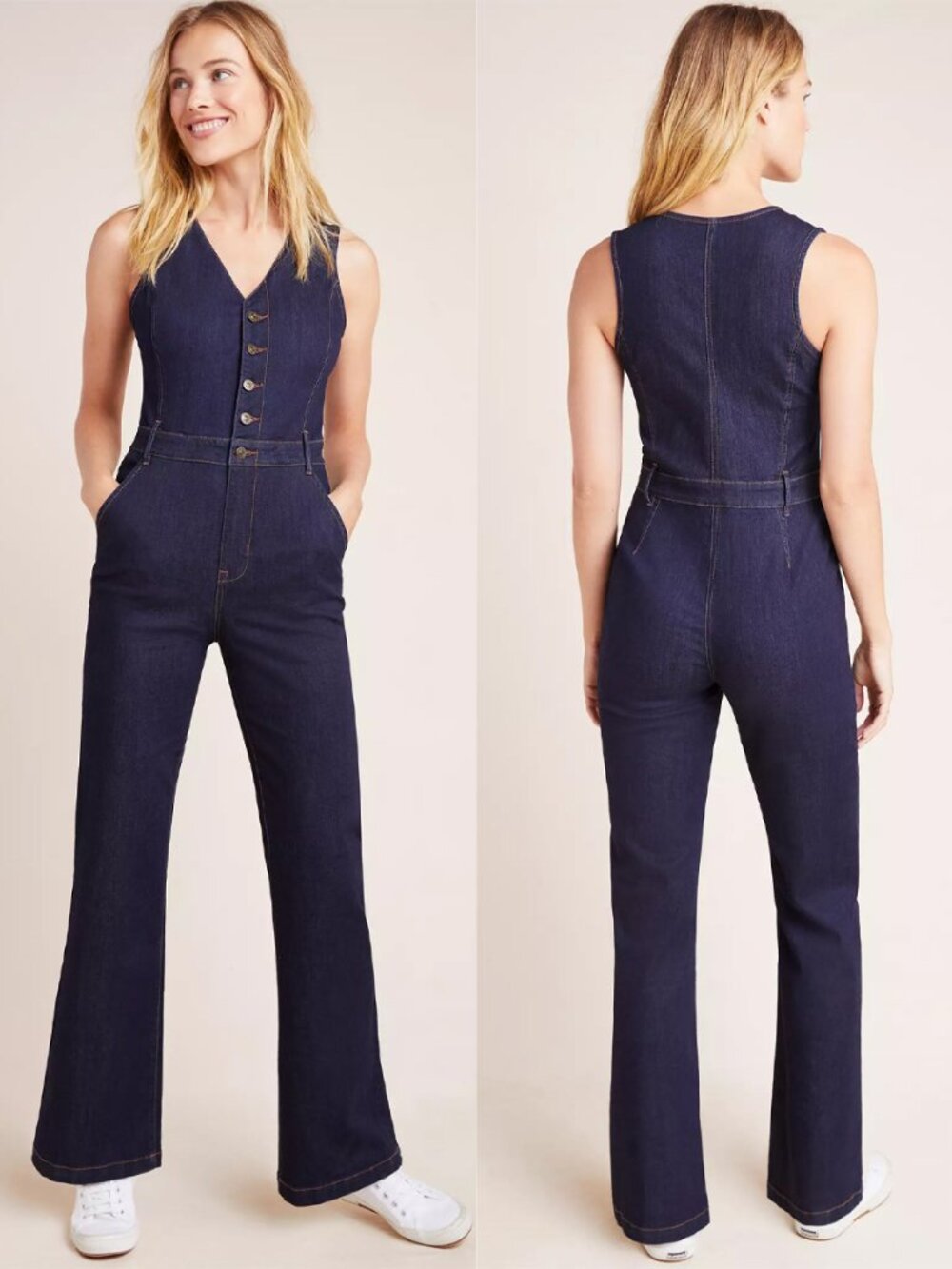 Anthropologie Denim Vest Flare Bootcut Sleeveless Jumpsuit